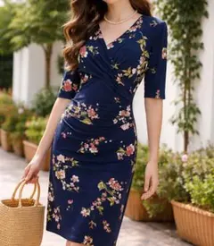 ローレンラルフローレン花柄カシュクールワンピース　ストレッチジャージー素材