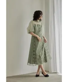 オーガンジーパフスリーブ刺繍レースドレス 結婚式 同窓会 お呼ばれワンピース