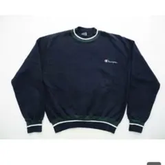 90's■USA製チャンピオンロゴ刺繍リブラインスウェット紺(XL)