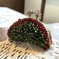 赤と緑 ビーズ がま口 小物入れ スイカ ハンドメイド