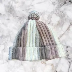 ハンドメイド ビーニー ボンボン付き ニット帽 帽子 ピンク×ホワイト×ブラウン