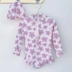 ベビー水着 女の子 長袖 花柄 スイムキャップ付き　130cm