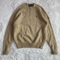 90s ラルフ ウール クルーネック ニット ベージュ ポニー ロゴ 刺繍 M