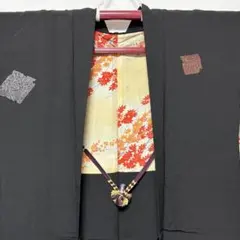 【美品】お洒落羽織　袷　黒　縮緬　菱紋　銀糸　一つ紋　　正絹　身丈77cm
