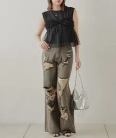 Chico ダメージワイドデニムパンツ グレー size0