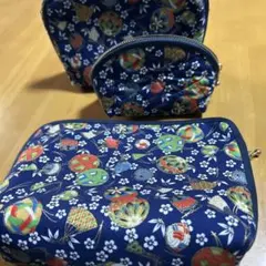 和風柄 ネイビー ポーチ 3点セット