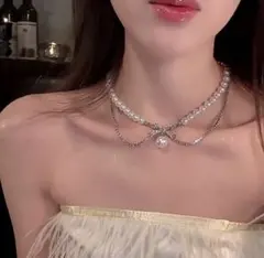 パールクリスタルダブルレイヤーネックレス