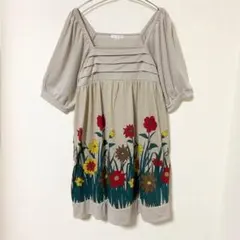 【コルザ】チュニックワンピース スクエアネック 花柄 5分袖 裏地有 Lのサムネイル