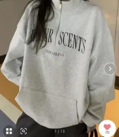 衿付きハーフジップスウェット グレー オーバーサイズ セーター