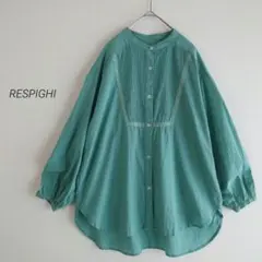 RESPIGHI レスピーギ インド製 バンドカラー ピンタックブラウス L 緑
