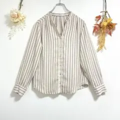 オペークドットクリップ【M】 長袖 ストライプ ブラウス ベージュ オフィス