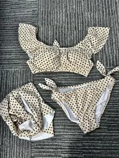 美品　日本製　水着3点ビキニ　上下セット　ベージュ　ドッド　リボン　フリルM～Lのサムネイル