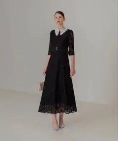 leja レースビッグカラー花柄刺繍ロングフレアドレスワンピース　Sサイズ