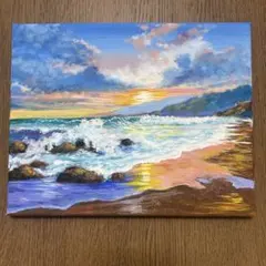 風景画　アクリル絵画　夕日と波