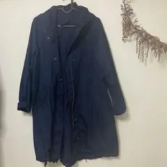ネイビー フード付き ロングモッズコート スプリングコート　フリーサイズ