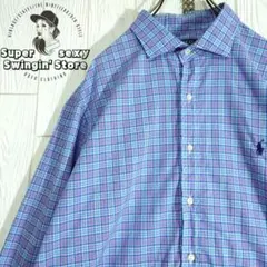 人気 ポロラルフローレン 長袖シャツ XL ブルー チェック ワイドカラー 古着