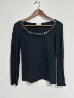 出品10/5まで　ミッシェルクラン 黒 フリンジ付長袖シャツ カットソー 綿