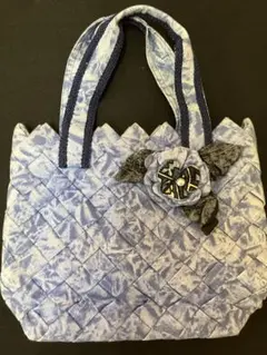 青系 編み込みハンドバッグ 花モチーフ　ハンドメイド