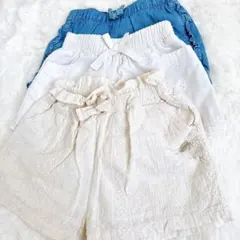 ベビーショートパンツ3点セット デニム風 花柄 フリル ブルー 白 90cm