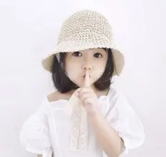 ベージュ ストローバケットハット リボン付き