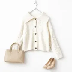 GRL♡ケーブル編みニットカーディガン オフ白 ゆる襟 Fサイズ