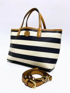 トリーバーチ　ボーダー　PVC 2way 脱着式ポーチ　モノトーン　白紺　dカン