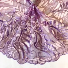 パープル系プリント刺繍チュールレース　金糸入り ラスト1.6m　N-56