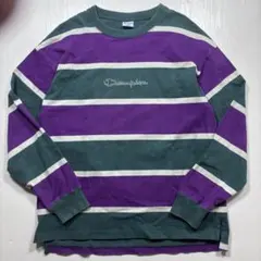 〈11〉Champion 太ボーダー スウェット 刺繍ロゴ パープル グリーン