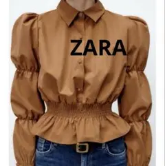 ZARA ザラ　ブラウン　ブラウス　パフスリーブ　長袖　32 ビジュー
