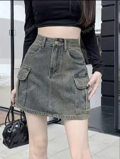 ポケット付き ボタン装飾 デニムスカート カジュアル 夏用
