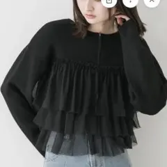 ダブルジップフリルニットカーディガン 黒