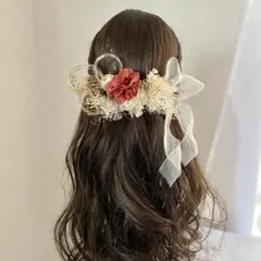 ドライフラワー髪飾り　和玉　リボンパーツ　金箔　水引付　カシスレッド　卒業式　袴