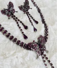 【夏セール】蝶々　ネックレス&イヤリングセット　紫色　パープル アメジスト