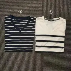 ボーダーシャツ ×2 Vネック ネイビー ホワイト