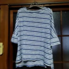 青と白のストライプ 五分袖チュニック　ストレッチ