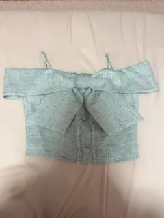 リップサービス ツイードオフショルトップス 水色