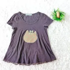 Cherir la femme 半袖プリントTシャツ 猫 茶 M　猫好き　可愛いのサムネイル