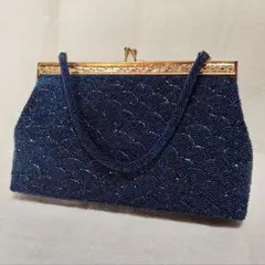 美品【 青 海波 模様】✦ 総 ビーズ バック 虹色 ネイビー ゴールド がま口