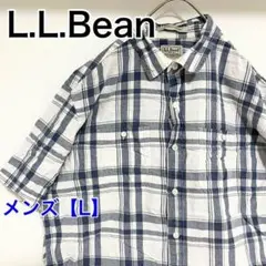 YBB47【US輸入】エルエルビーン　半袖シャツ【L】白色薄いネイビーチェック柄
