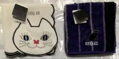 新品　未使用　ANNA SUI 白猫　黒猫　バラ柄　紫　タオルハンカチ　セット