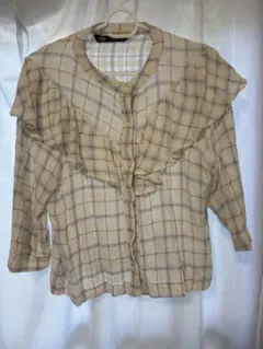 ZARA チェック柄 フリル付きブラウス　S