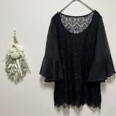 セシルマクビー　黒　レース　チュニック　シアー　ボリューム袖　ラウンドネック