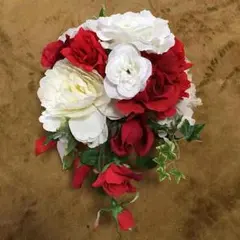 ウェディングブーケ＆花冠 4点セット 造花 バラ ホワイト レッド