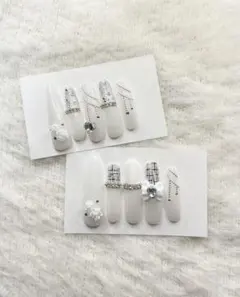 ネイルチップ ロングネイル ギャル ワンホン スナ系 リボン ツイードネイル