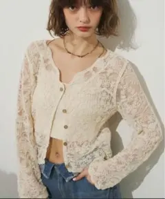 アイボリー レース カーディガン 長袖　総刺繍シアーカーディガン