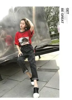 新品　オールシーズン着回しできるインディゴデニム　ストレートハイウエスト　海外