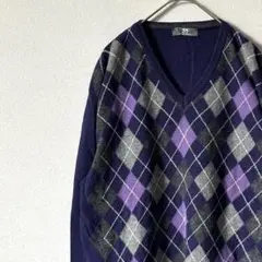 fibretex ニット セーター 長袖 Vネック アーガイル柄 ウール混