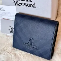新品 Vivienne Westwood スムースレザースリム二つ折り財布 紺のサムネイル