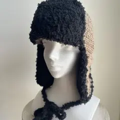 フライトキャップ　ブラウン×ブラック　かぎ編み　ハンドメイド　ニット帽子