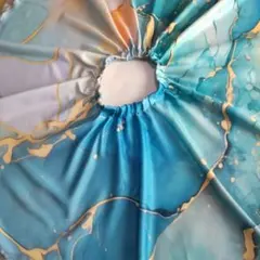 サーキュラースカート全円形ロカビリーリボン付 ブルーマーブル柄